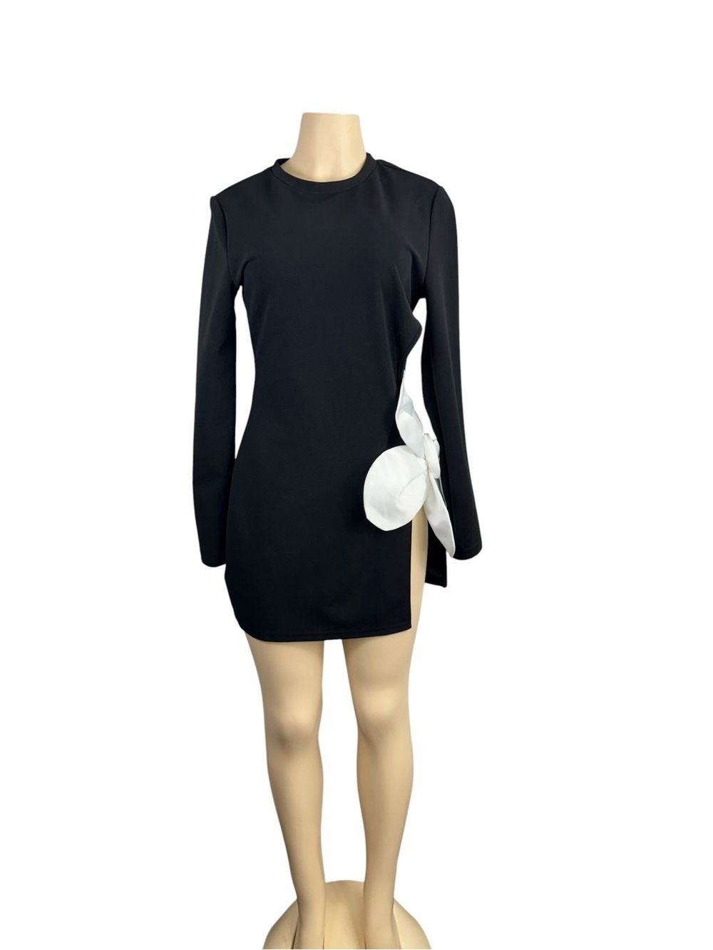 SHEIN. Black Ribbed Bodycon Mini Dress Long Sleeve Crew Neck - Picture 5 of 7
